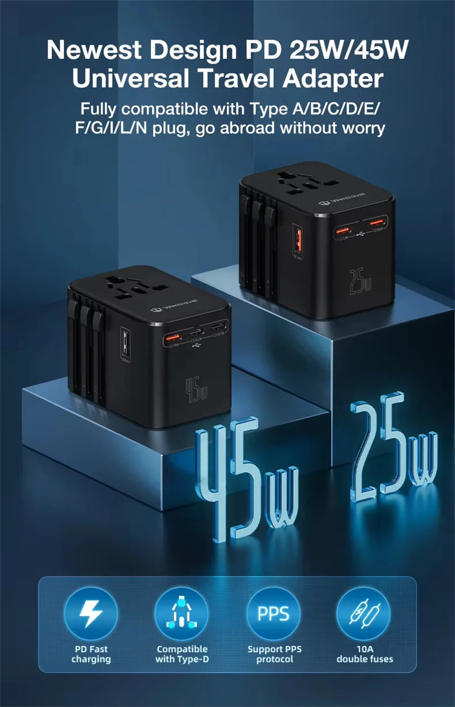 JINGMIN Universal Travel Adapter – 4 AC Outlets + 3 USB/Type-C PD 25W