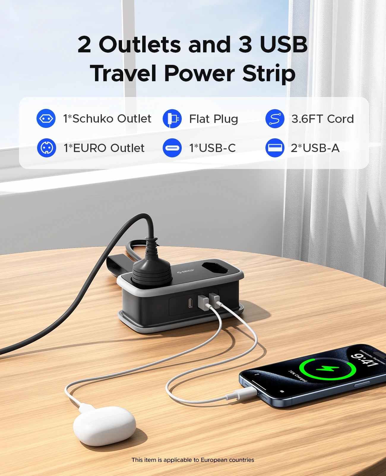 ORICO EU Plug Power Strip – 5-in-1 with 2 AC & 3 USB Ports, 1.1m Cable – Travel Socket