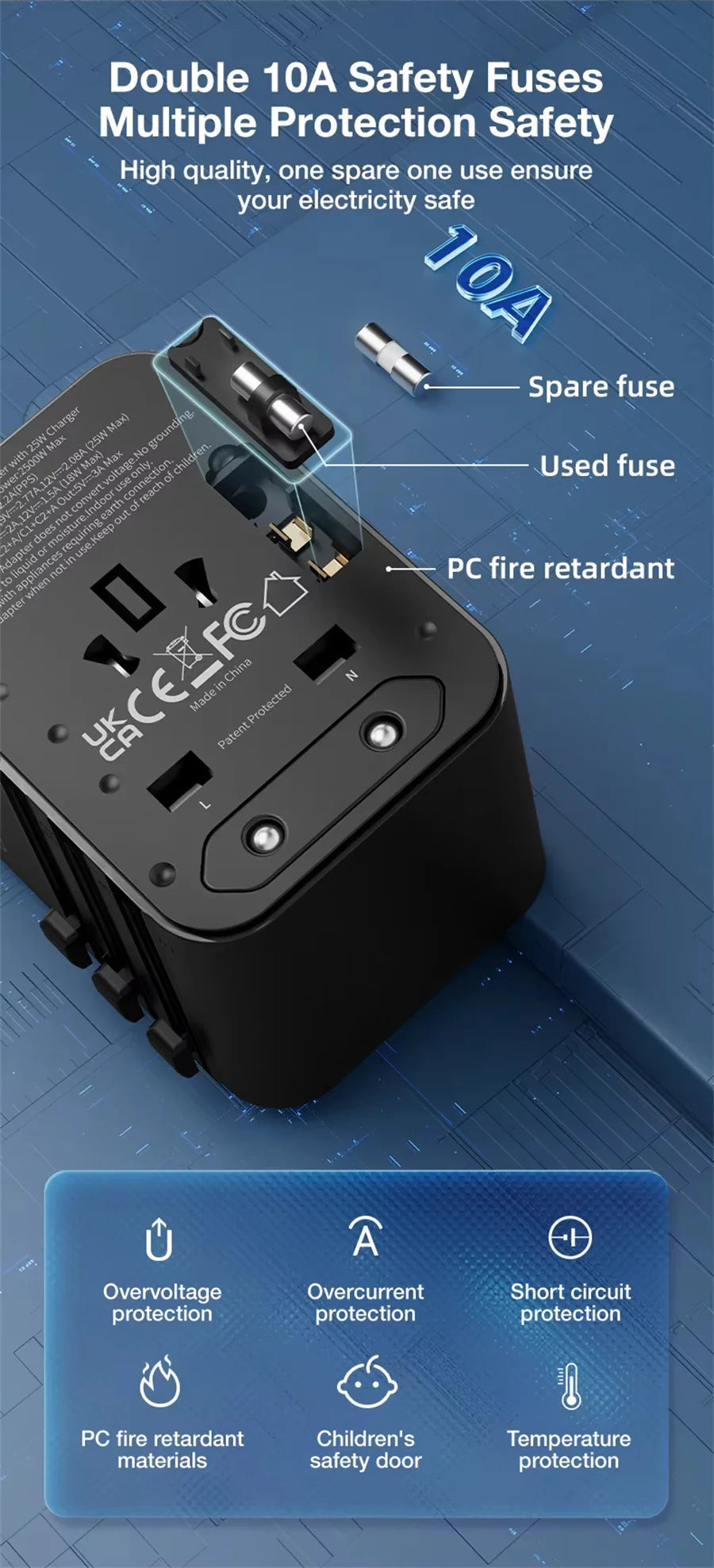 JINGMIN Universal Travel Adapter – 4 AC Outlets + 3 USB/Type-C PD 25W