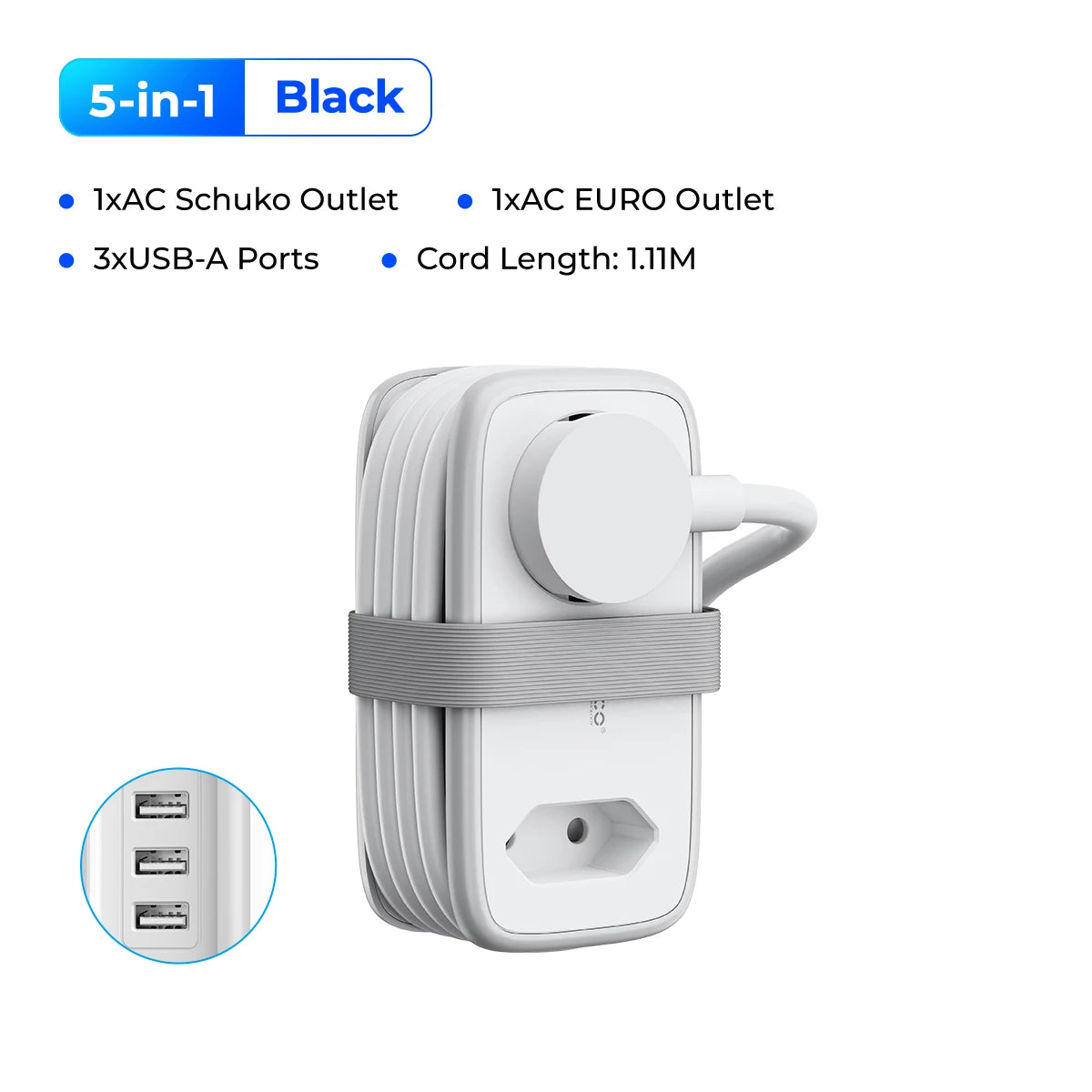 ORICO EU Plug Power Strip – 5-in-1 with 2 AC & 3 USB Ports, 1.1m Cable – Travel Socket