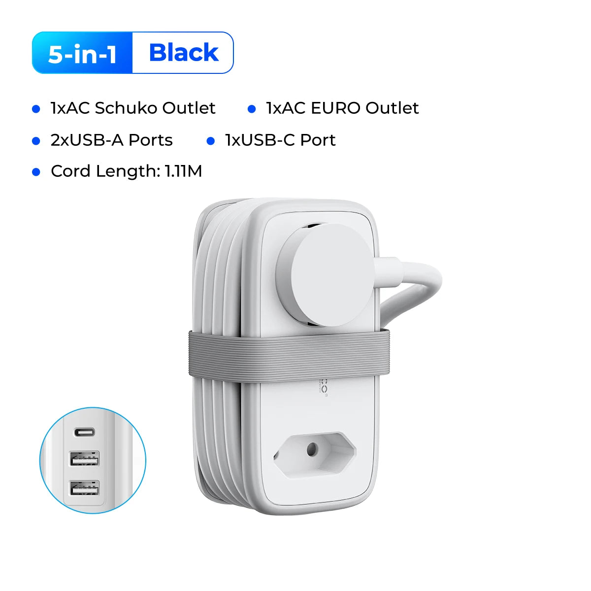 ORICO EU Plug Power Strip – 5-in-1 with 2 AC & 3 USB Ports, 1.1m Cable – Travel Socket