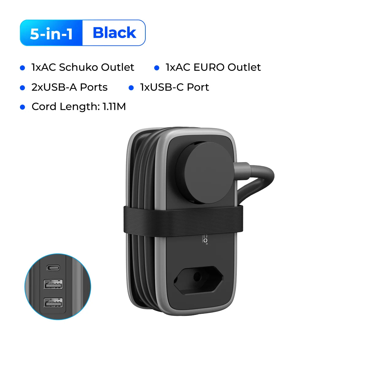 ORICO EU Plug Power Strip – 5-in-1 with 2 AC & 3 USB Ports, 1.1m Cable – Travel Socket