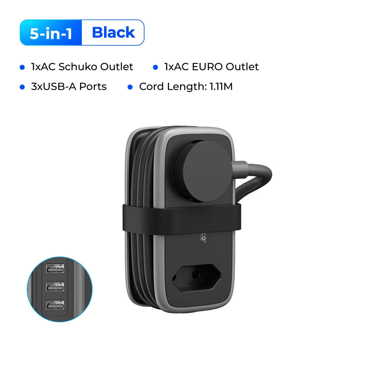 ORICO EU Plug Power Strip – 5-in-1 with 2 AC & 3 USB Ports, 1.1m Cable – Travel Socket