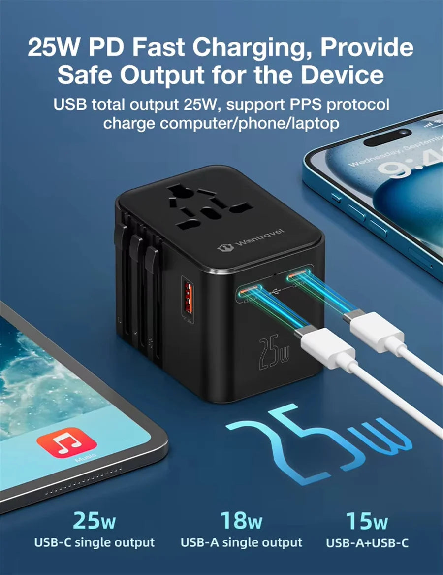 JINGMIN Universal Travel Adapter – 4 AC Outlets + 3 USB/Type-C PD 25W