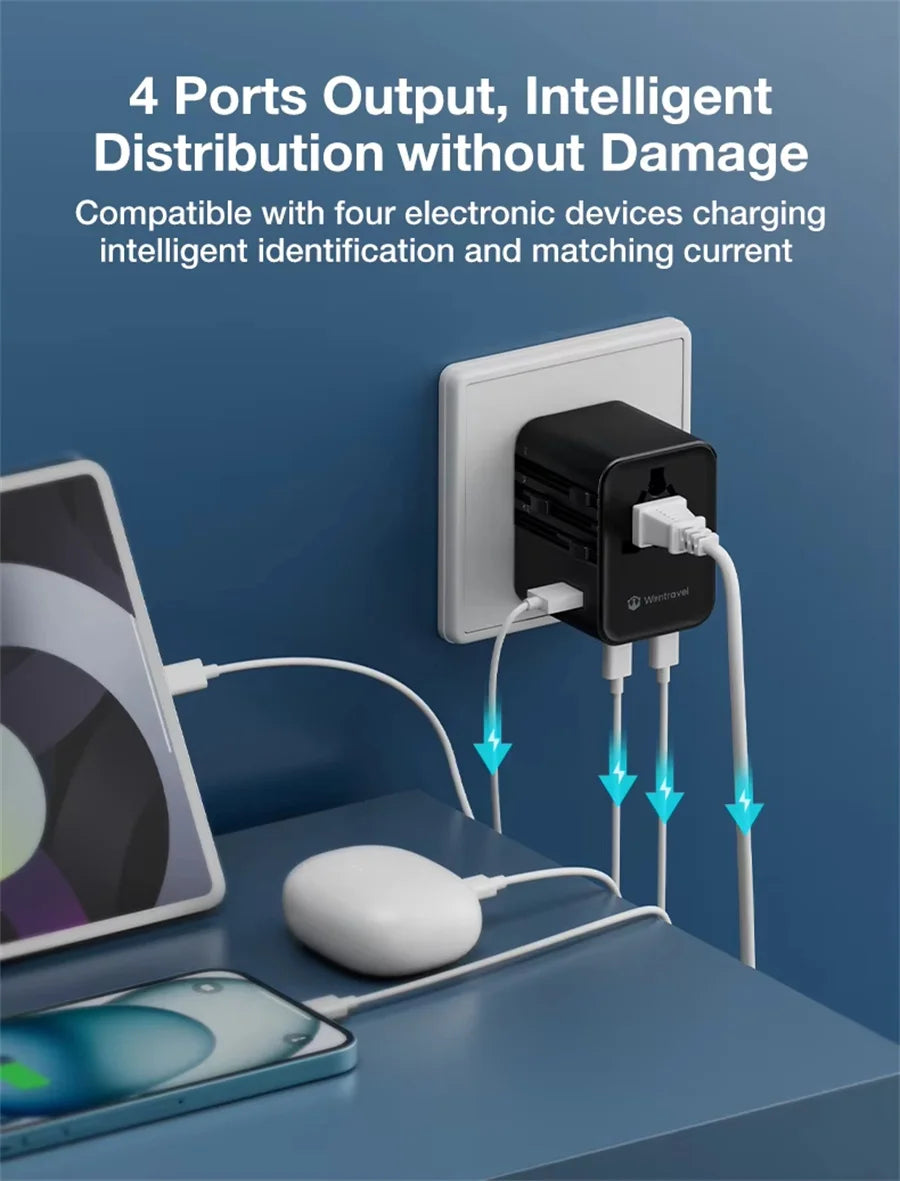 JINGMIN Universal Travel Adapter – 4 AC Outlets + 3 USB/Type-C PD 25W