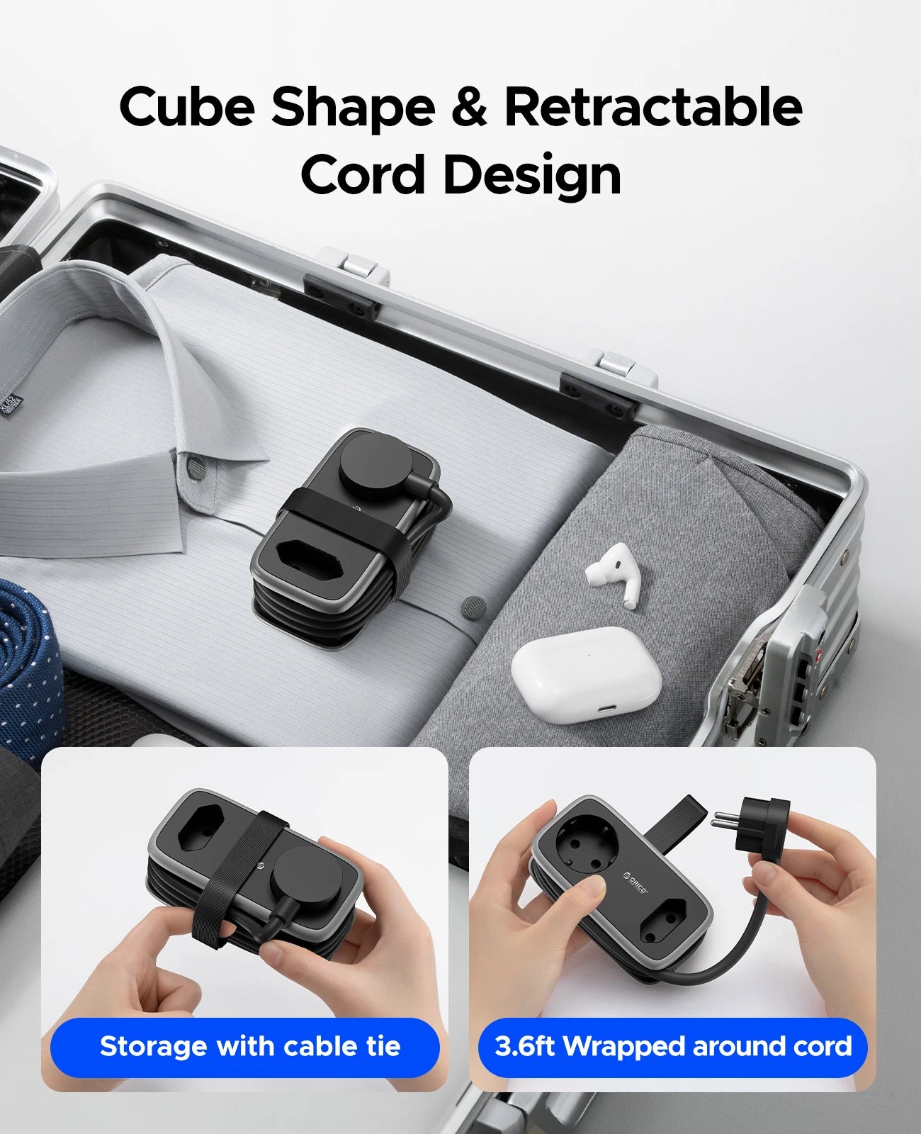 ORICO EU Plug Power Strip – 5-in-1 with 2 AC & 3 USB Ports, 1.1m Cable – Travel Socket