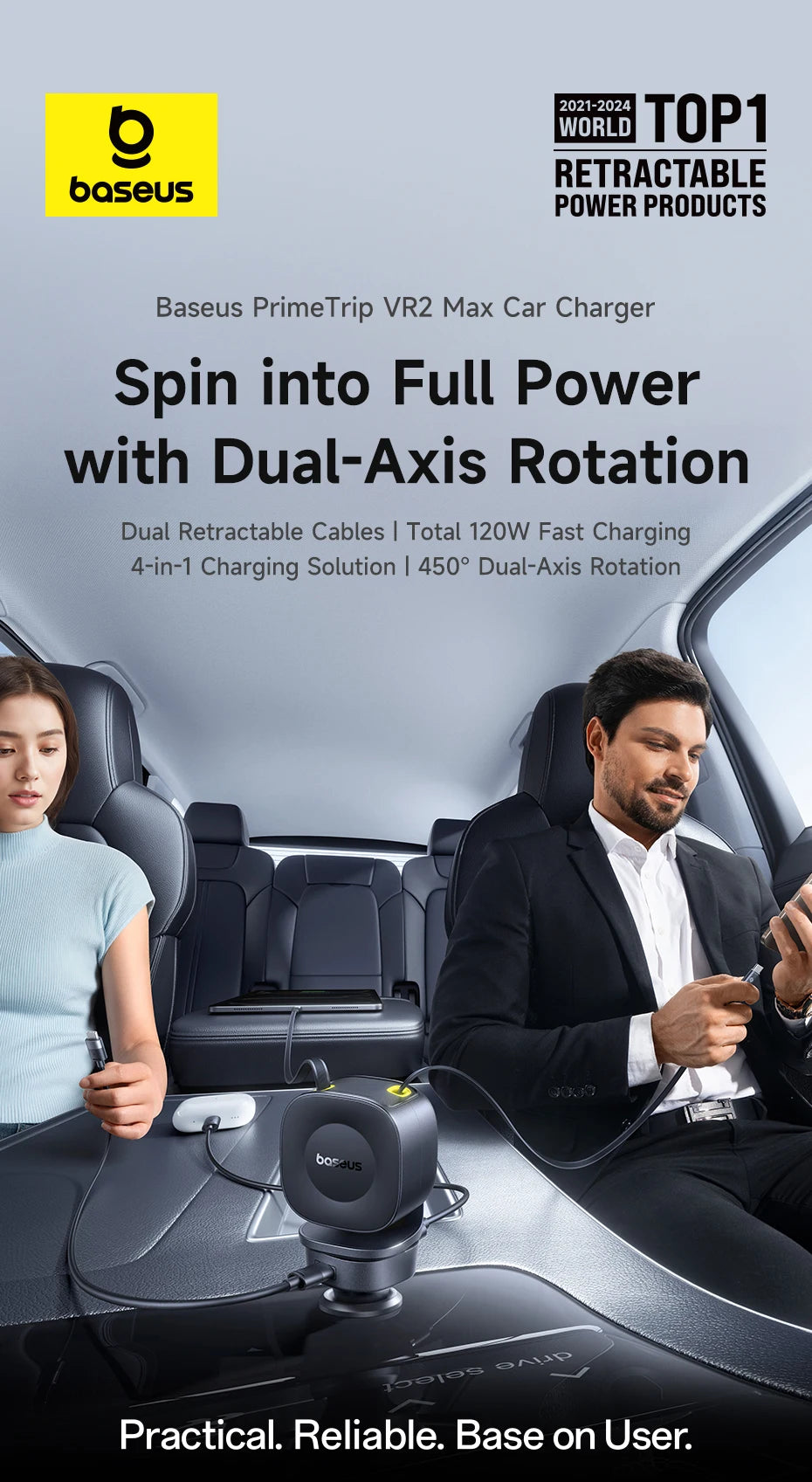 Baseus PrimeTrip VR2 Max car charger advertisement with two people in a car interior.