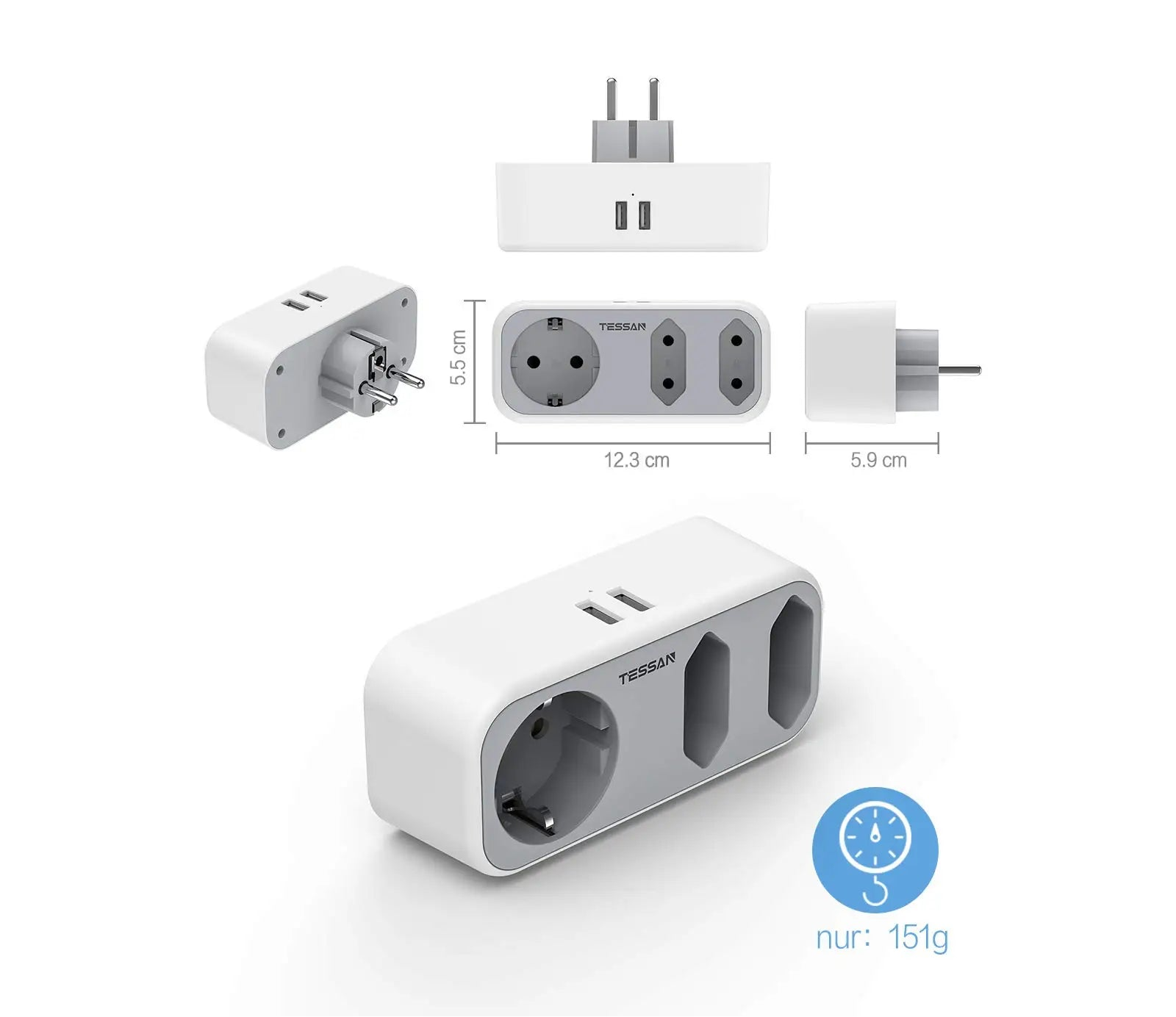 White electrical plug adapter with dimensions and weight on a white background