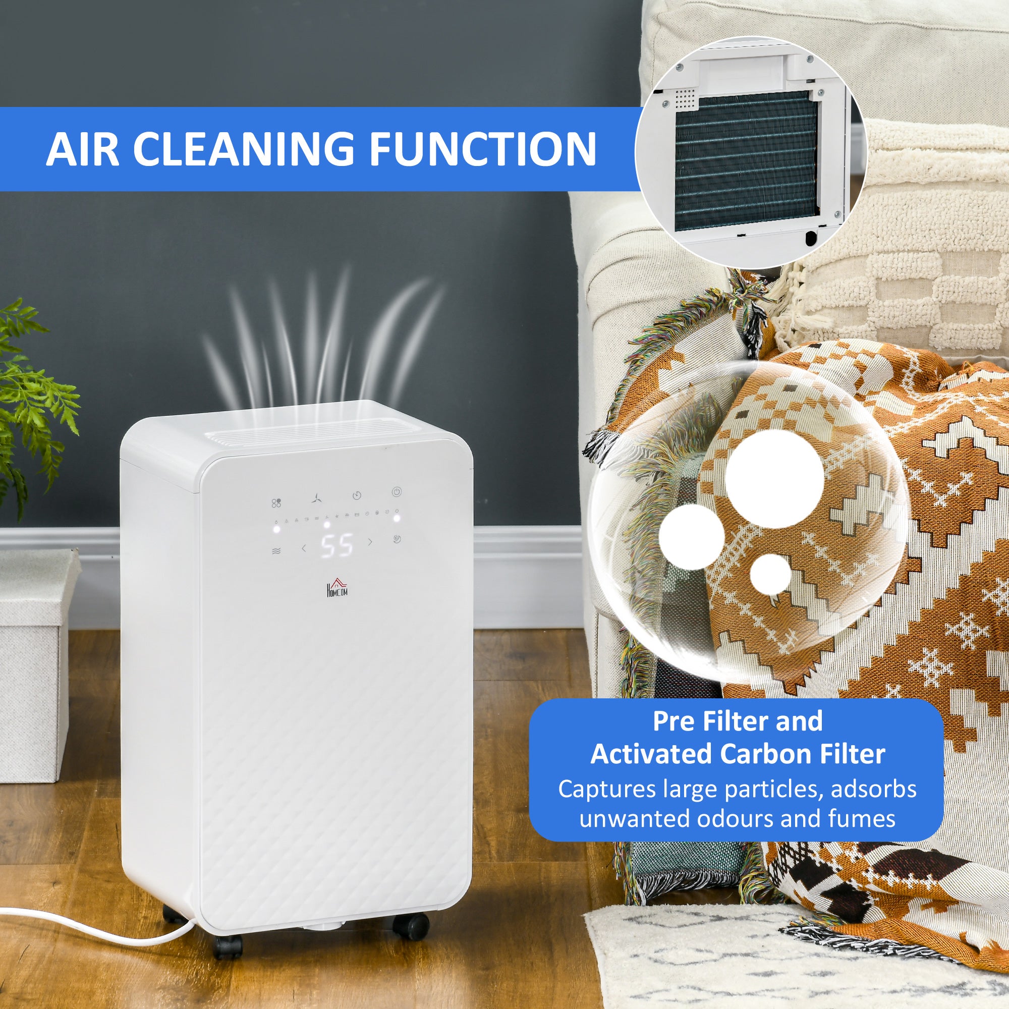 HOMCOM 12L Quiet Air Dehumidifier with Purifier – 5 Modes & Timer