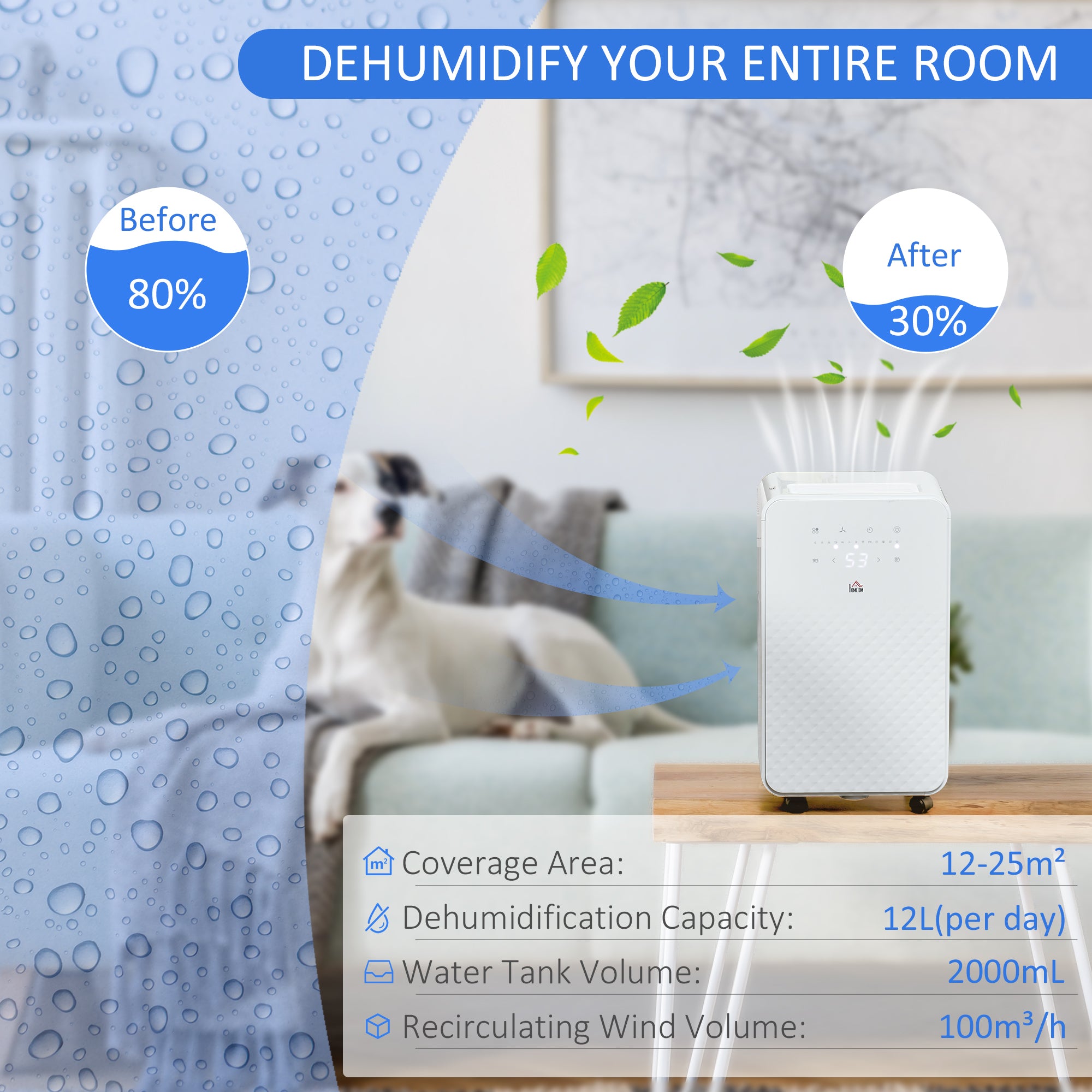 HOMCOM 12L Quiet Air Dehumidifier with Purifier – 5 Modes & Timer