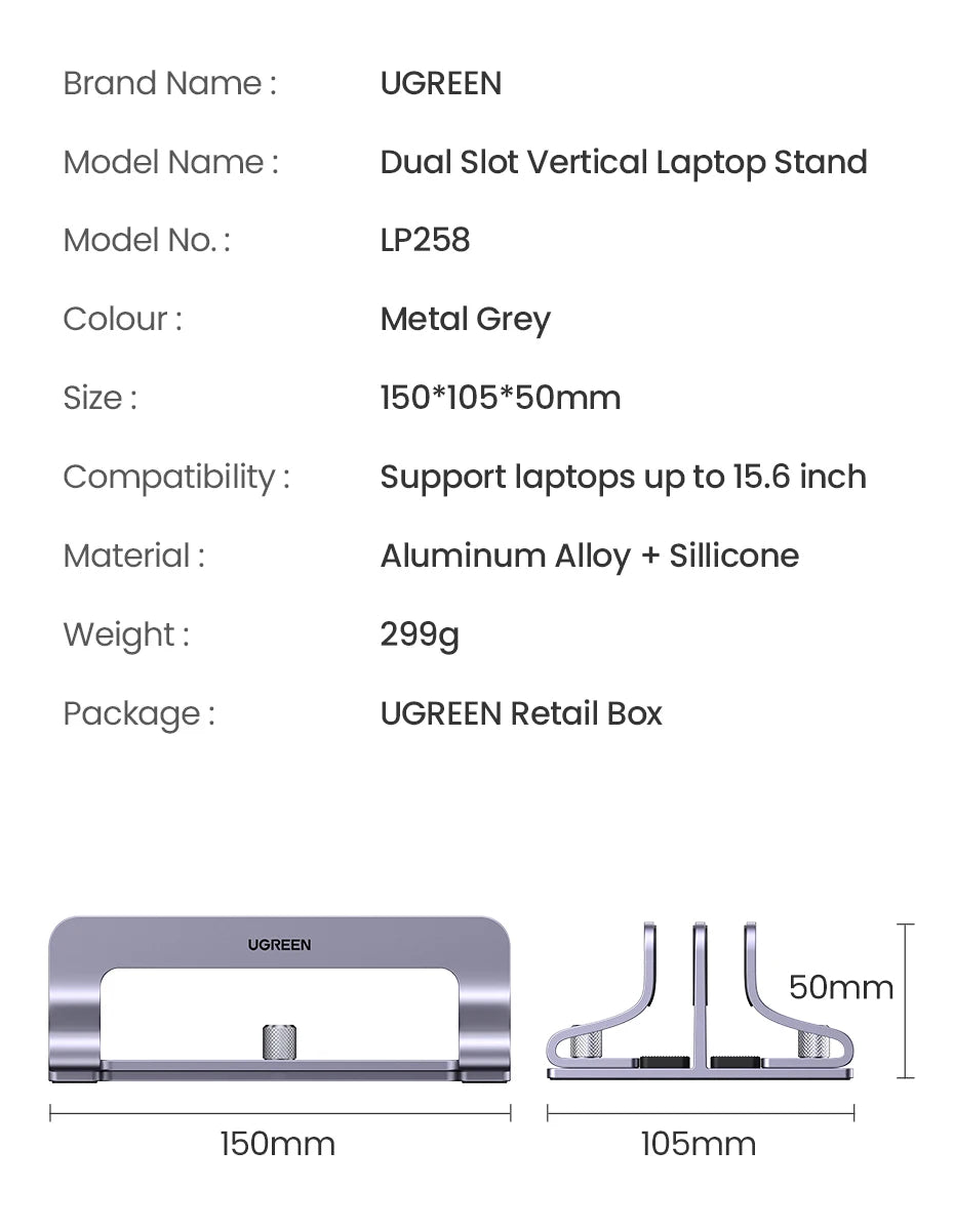 UGREEN Foldable Laptop Stand – Aluminum Vertical Holder for MacBook & PC