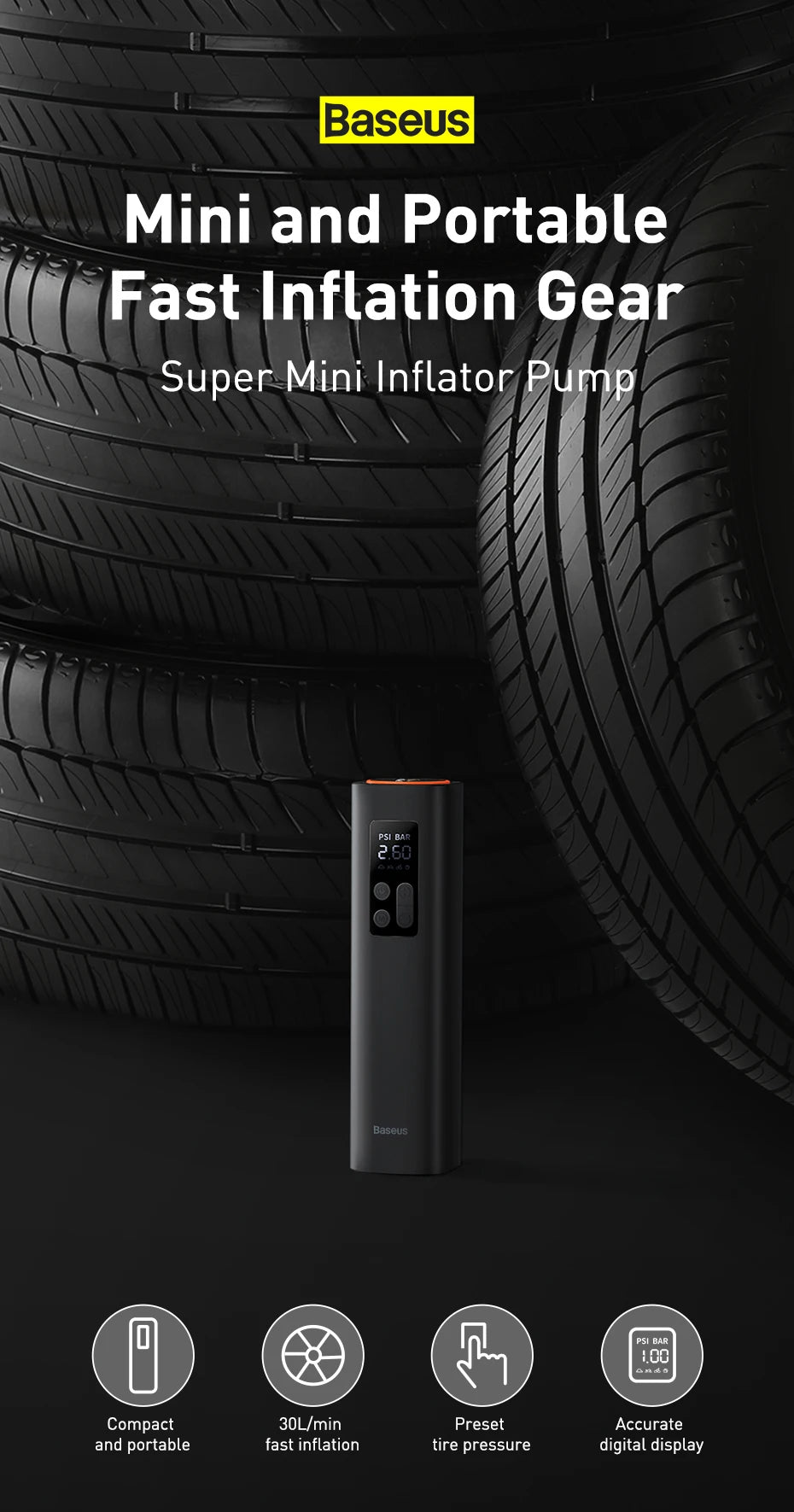 Baseus Mini Car Air Compressor 12V 150PSI Portable Car Tire Inflator Smart Digital Inflatable Pump For Car Bicycle Boat Air Pump
