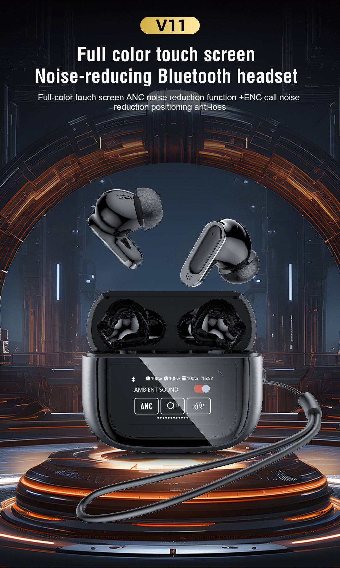 BOSECXT Ultra V11 Smart Touch Multi functional Large Screen TWS Wireless ANC Noise Cancelling Earbuds Enc Heavy Bass Earbuds