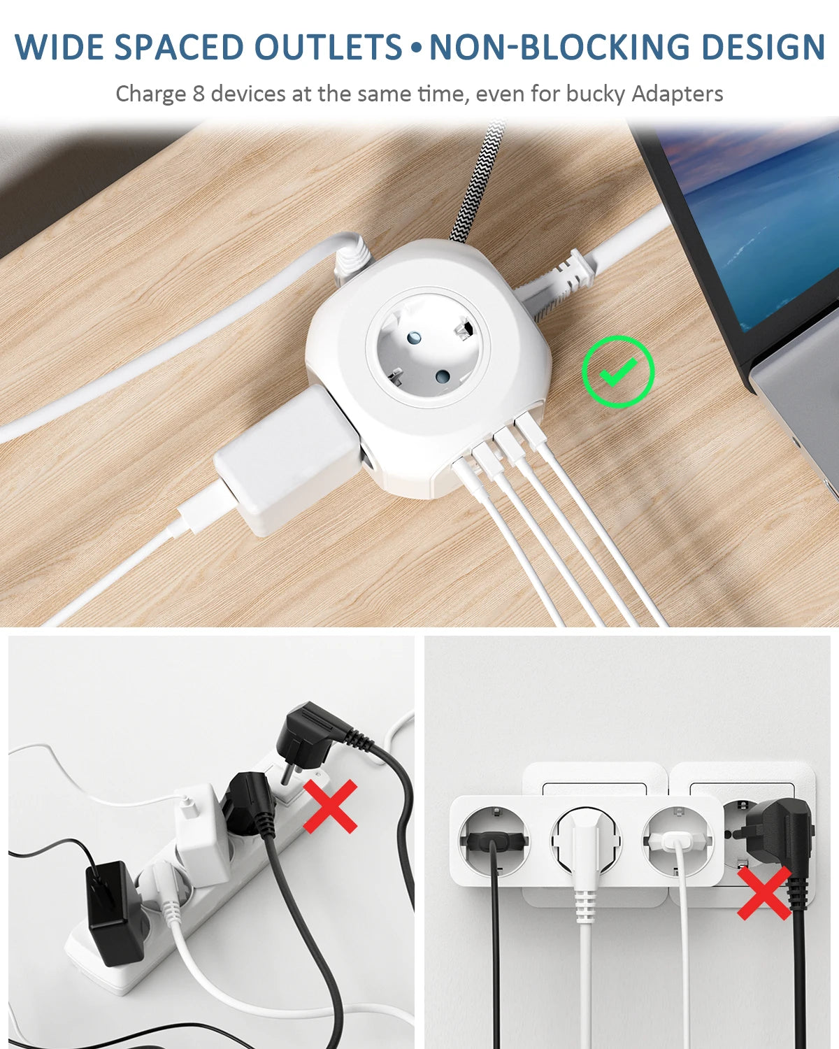 LENCENT Upgraded Power Strip Cube with  4 AC Outlets 3 USB Port 1 Type C 3M Braided Cable Multi Socket with Switch for Home