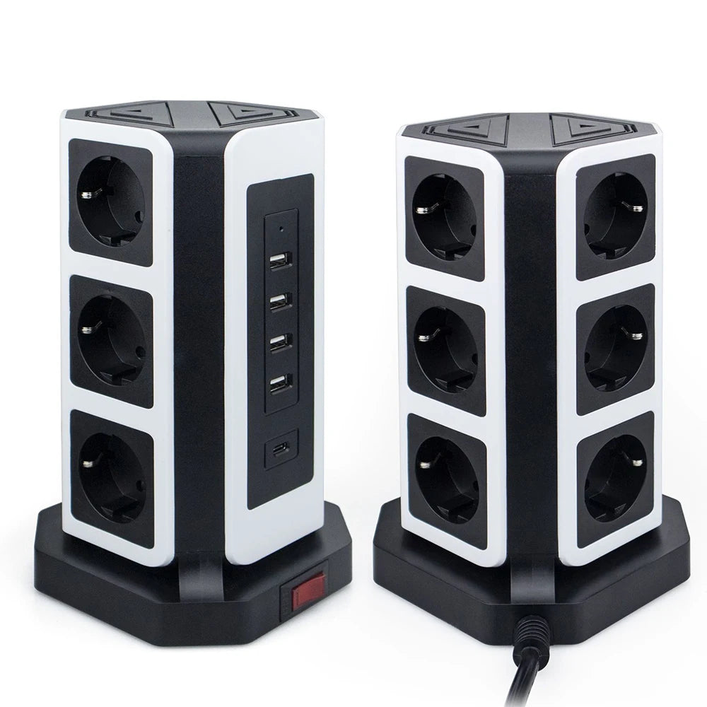 MELERY EU Vertical Space - Saving Tower Power Strip – 9 AC Sockets & 5 USB Ports