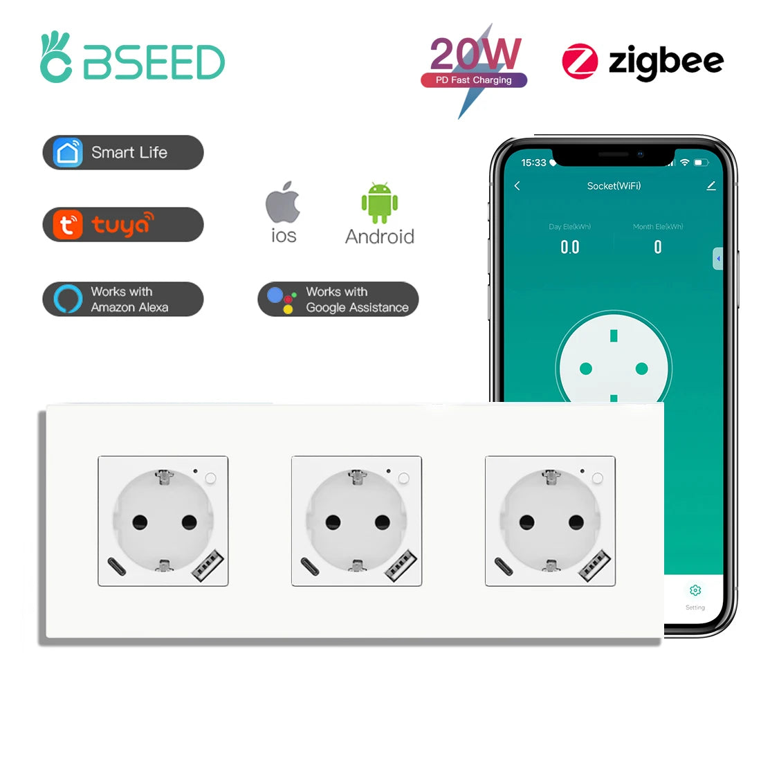 BSEED ZigBee Smart Wall Socket with Energy Monitoring (EU)