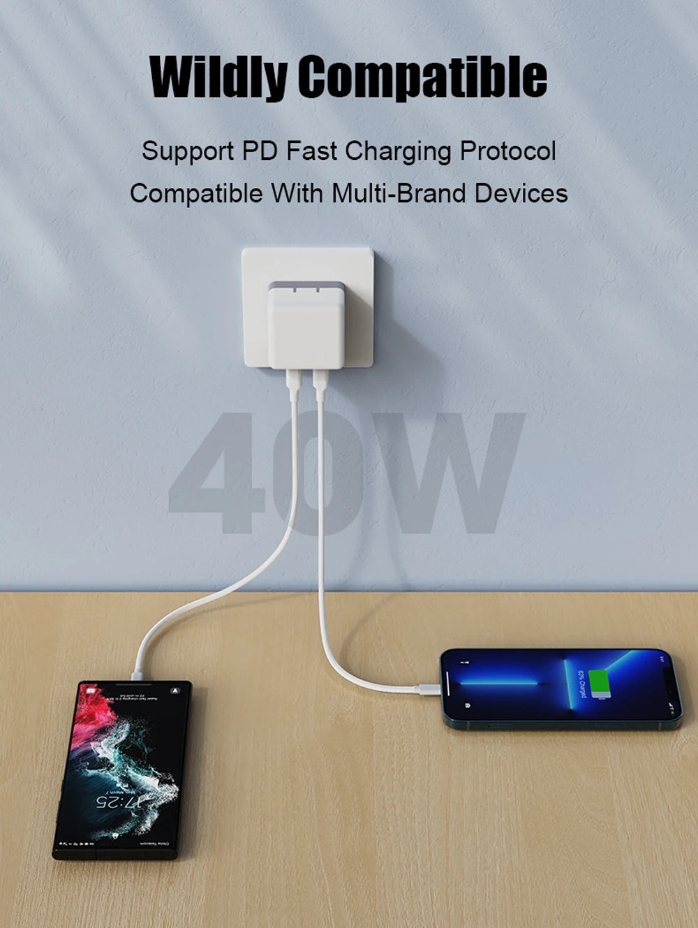 40W Dual USB-C Charger – Foldable Wall Adapter for iPhone & iPad