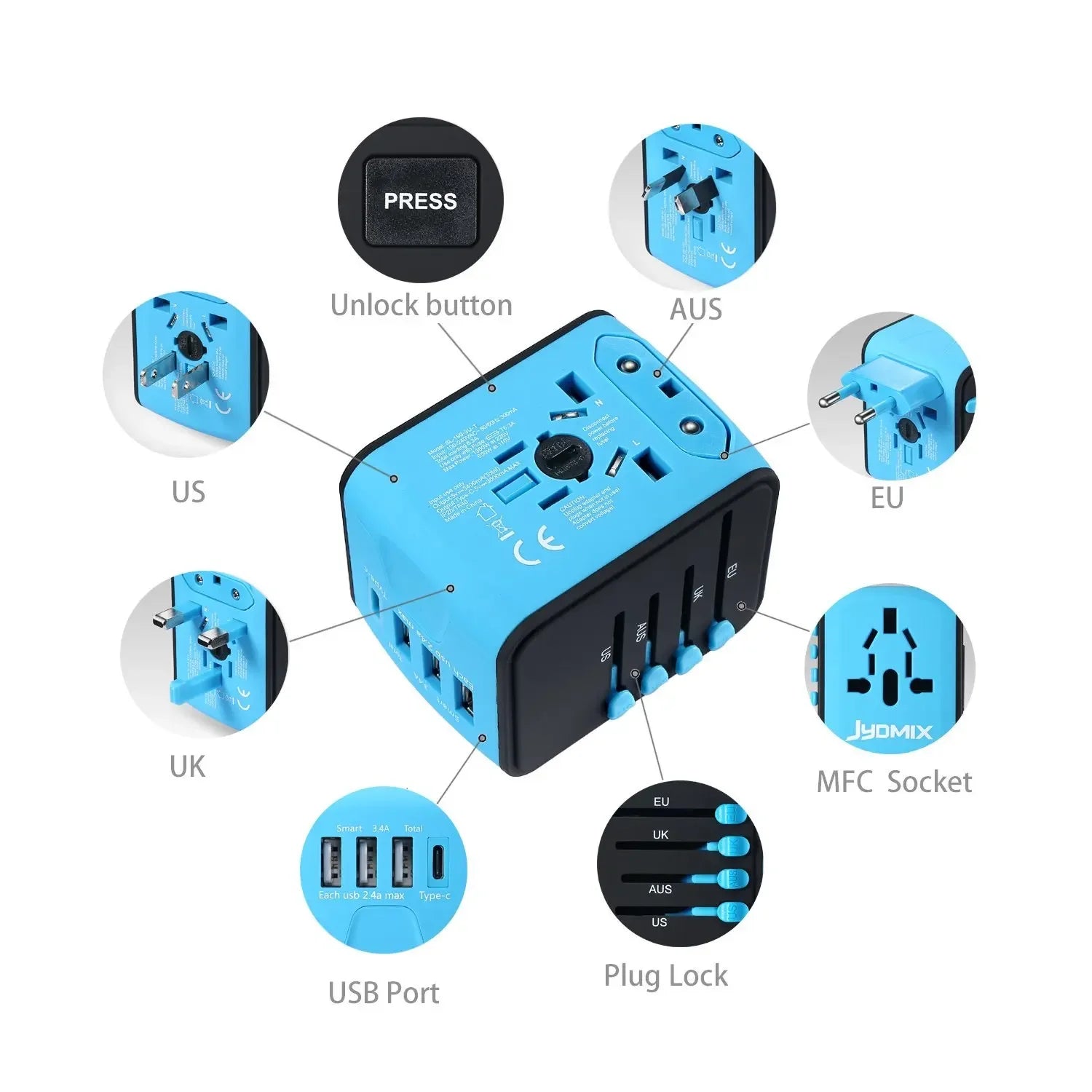 Melery Worldwide Travel Plug Adapter with USB & Type-C