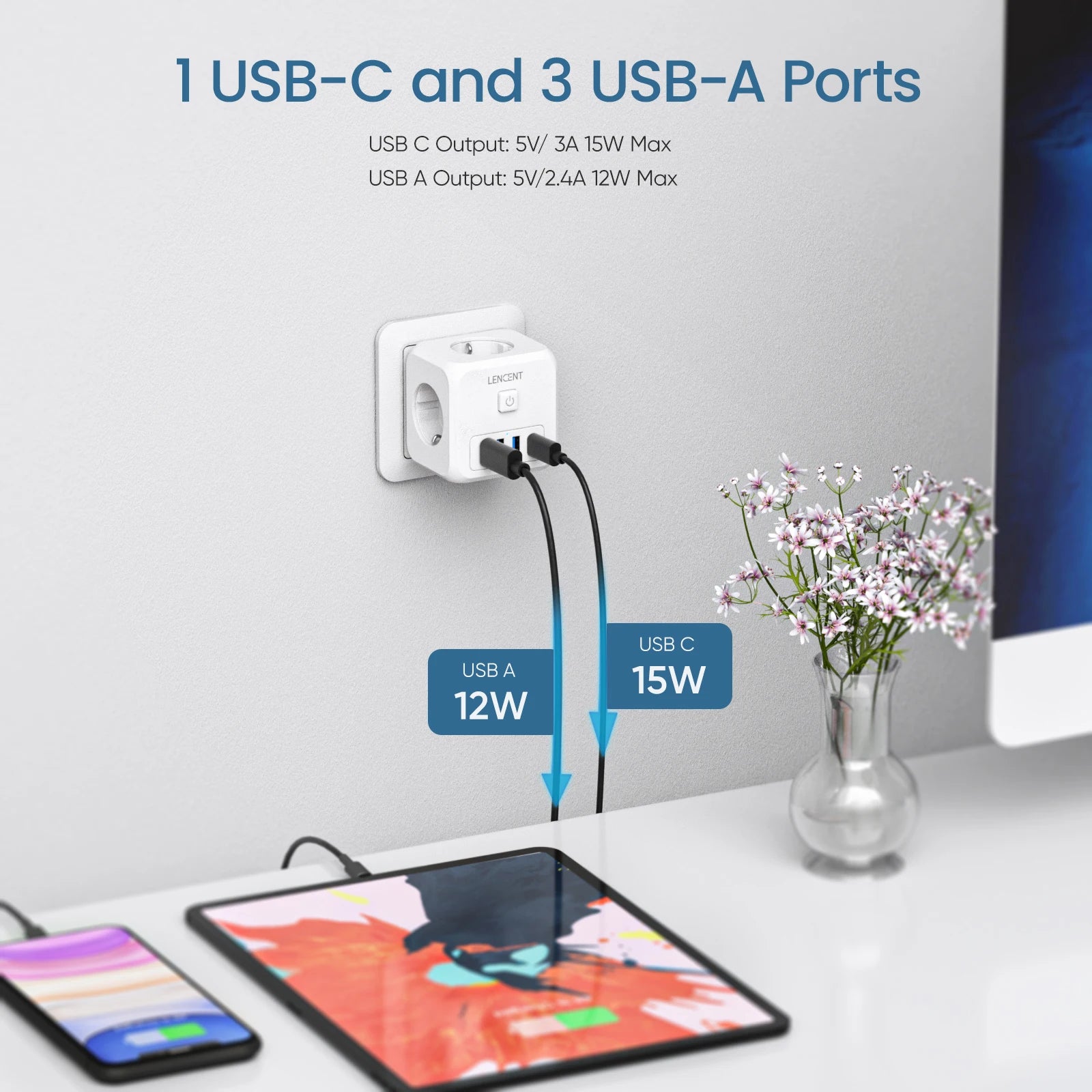 LENCENT 7-in-1 EU Power Strip – 3 AC + 3 USB + Type-C PD 35W Fast Charger
