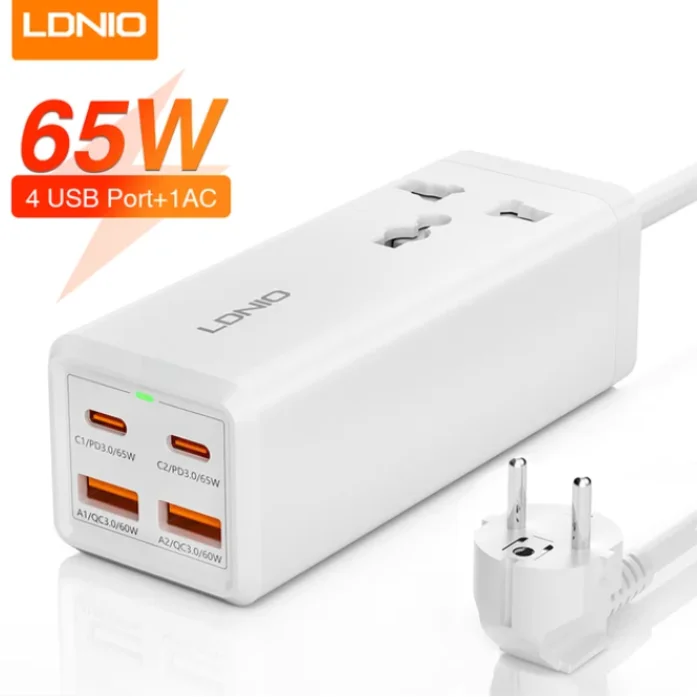 LDNIO SC1418 65W Power Strip – PD Fast Charging Station with 2M Extension Cable & 4 USB Ports