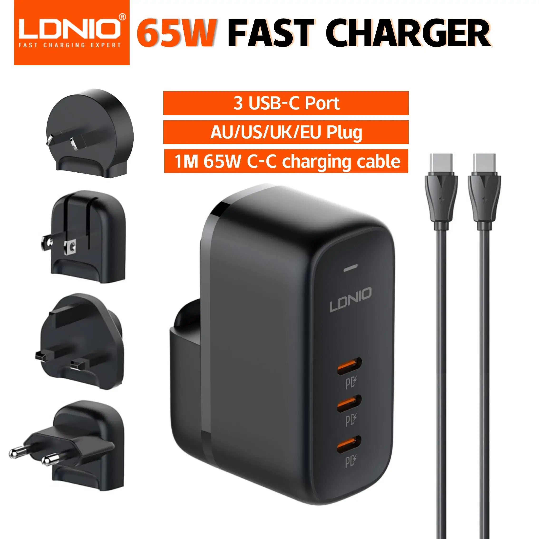 LDNIO 65W GaN USB-C Travel Charger – 3-Port PD/QC Wall Charger with EU/UK/US/AU Adapter