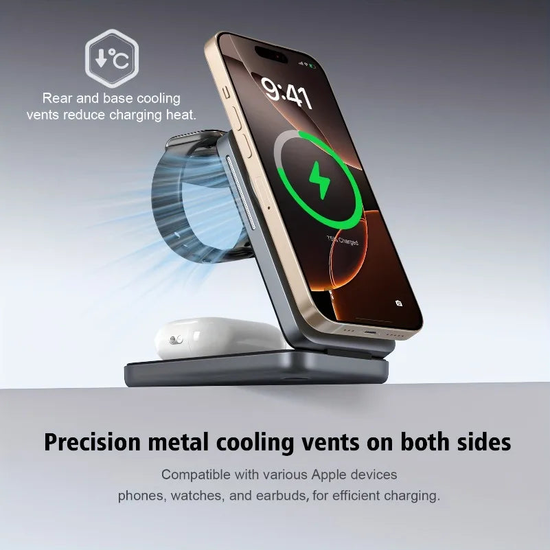 Foldable 3-in-1 Magnetic Wireless Charger Stand – Fast Charging Station