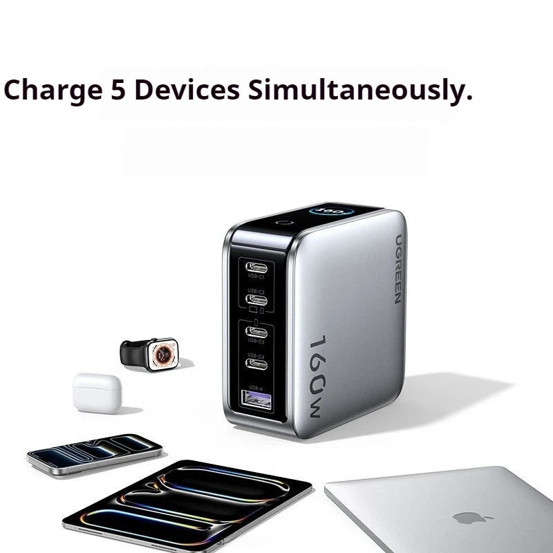 UGREEN GaN Charger 160W PD3.1 Fast Charging Phone Charger With Five Ports USB-C/A AI Smart Display For iPhone17 Tablets Laptops