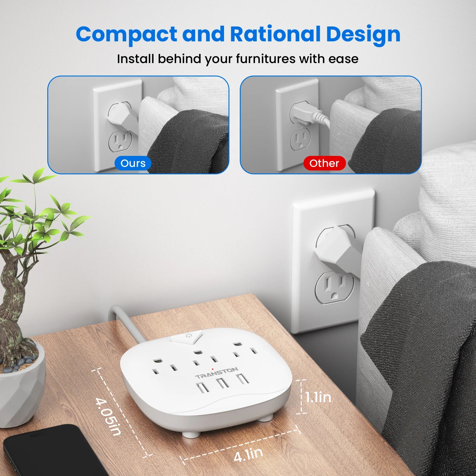 TRANSTON Power Strip – AC & USB Outlets with Quick Charge