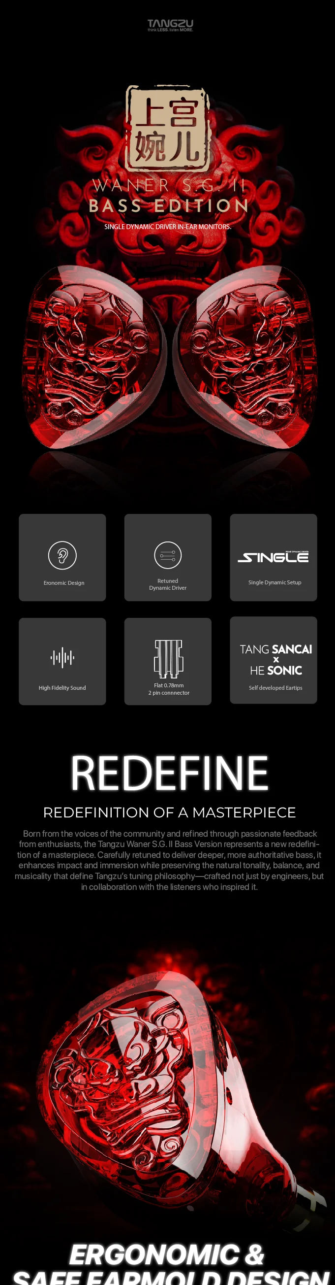TANGZU WanerSG II Red Lion Single Dynamic Driver In-Ear Monitors with Ergonnmic & Safe Earmold Design