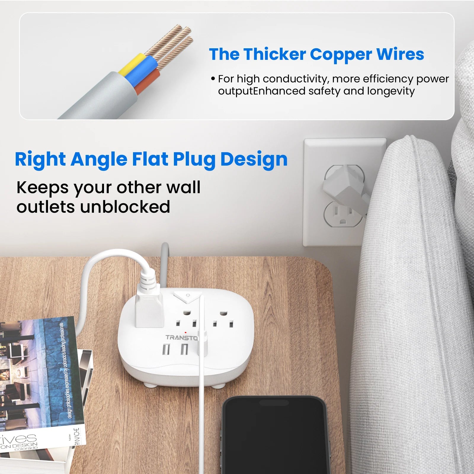 TRANSTON Power Strip – AC & USB Outlets with Quick Charge