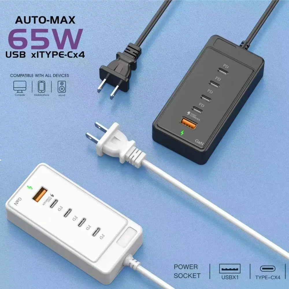 65W USB-C Fast Charging Hub – Multi-Port Wall Charger with 1M Extension Power Socket