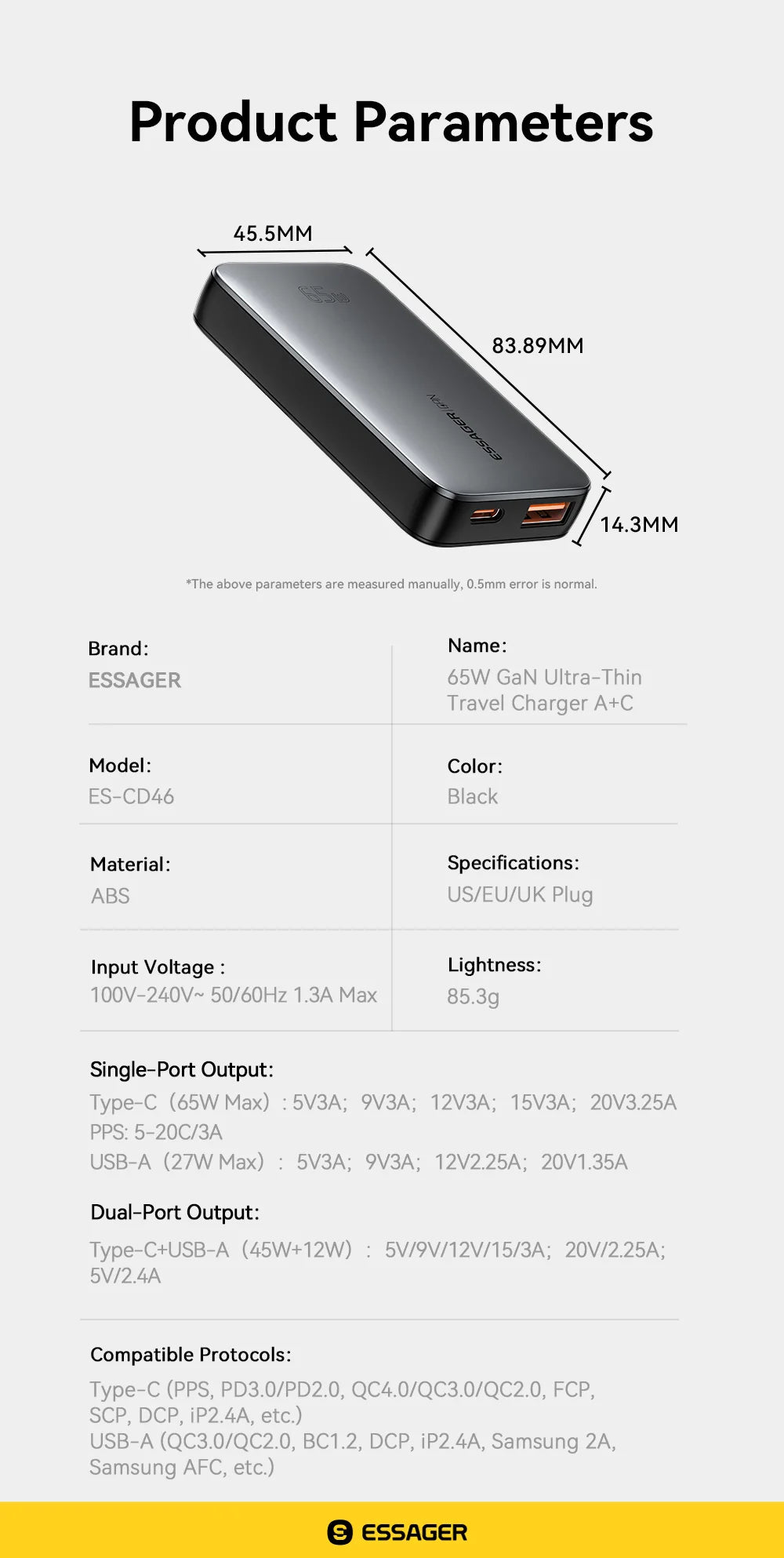 Essager 65W GaN Charger USB Type C Quick Charge 3.0 Fast Charger for iPhone 16 15 Xiaomi Samsung ipad Macbook Tablet PD Charger