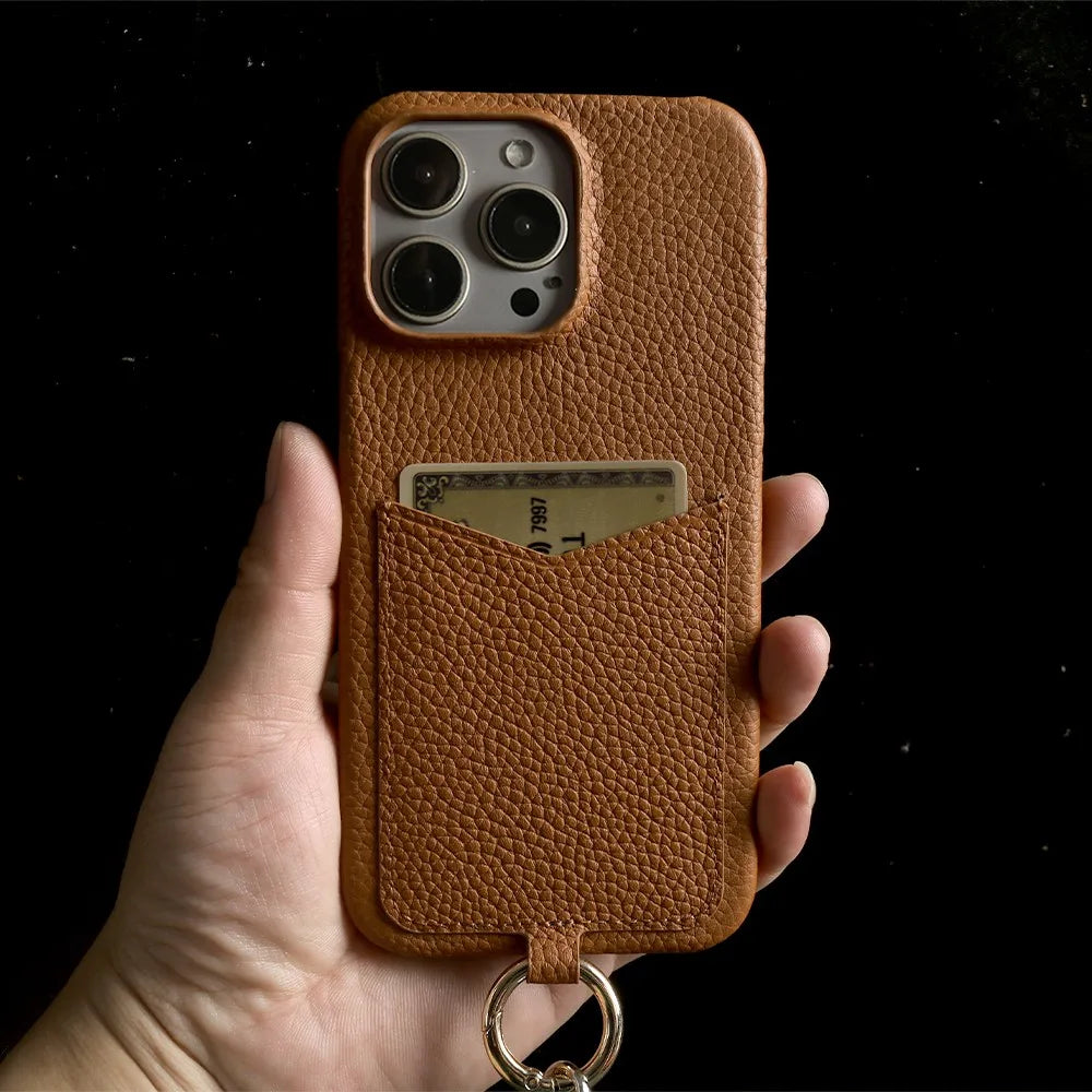Multifunctional Charging Cable Lanyard Genuine Leather Case For iPhone 16 Pro Max 15Pro 11 13 12 14Pro Crossbody Strap Card Slot