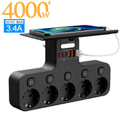 4000W Smart Wall Power Strip – USB-C Fast Charging Hub with Motion Sensor Night Light & Independent Switches