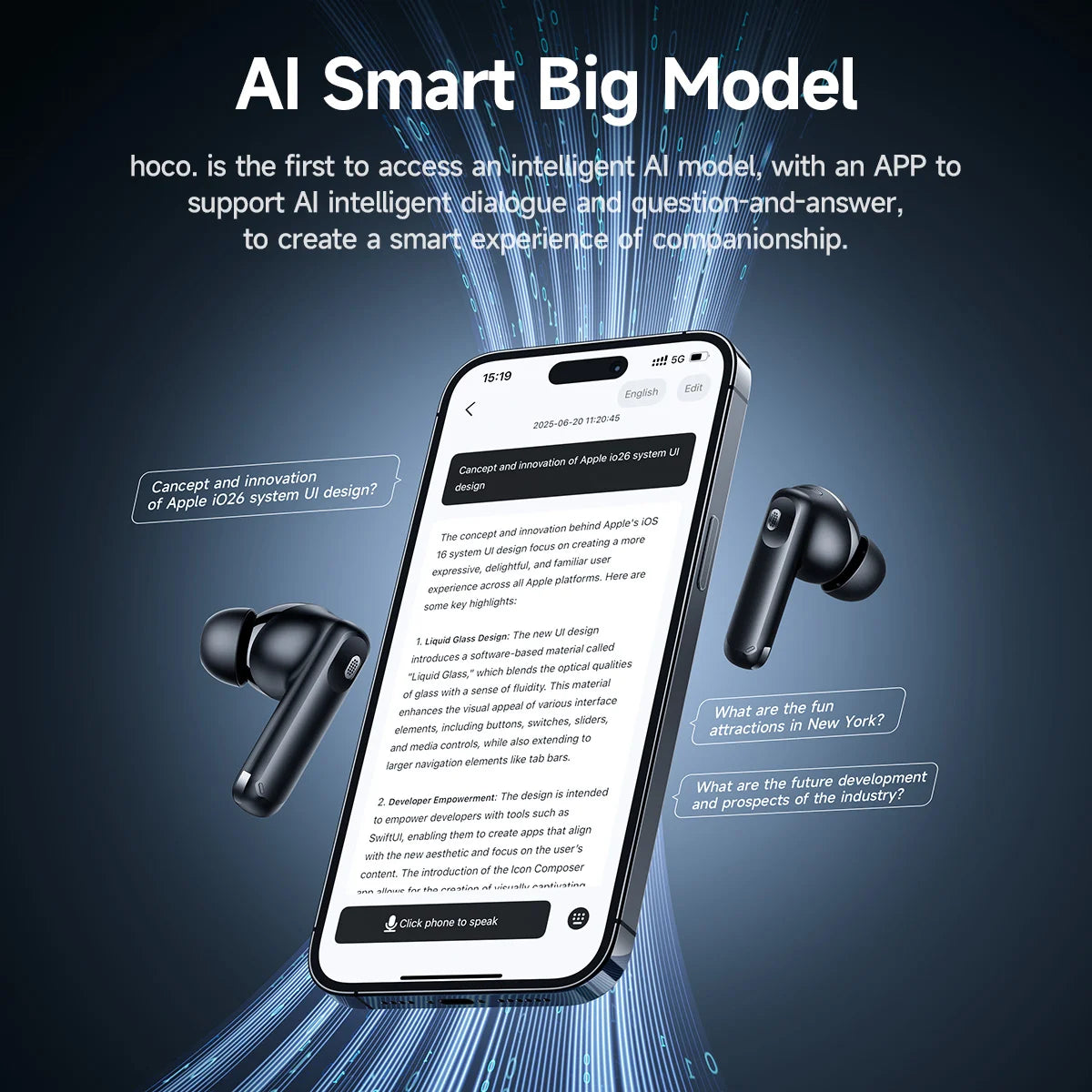 HOCO Smart AI Translation Wireless ANC ENC Noise Cancelling Earphones Bluetooth 5.4 Music Sports HiFi Stereo Earbuds with 4 Mics