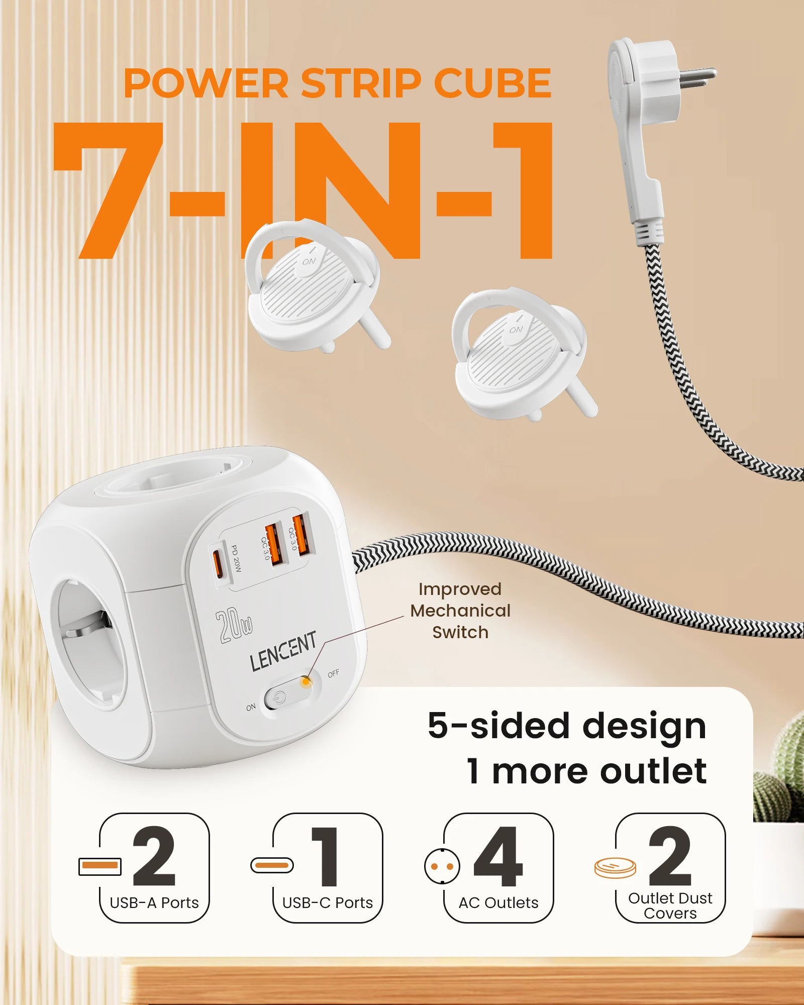 LENCENT Upgraded Power Strip Cube with  4 AC Outlets 3 USB Port 1 Type C 3M Braided Cable Multi Socket with Switch for Home