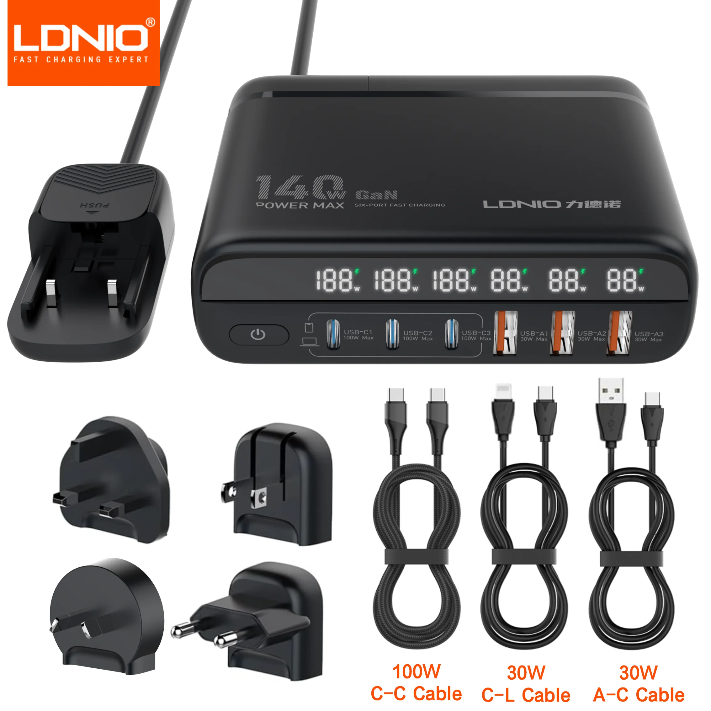 LDNIO 140W GaN International Travel Adapter – Universal AU/US/UK/EU Plug with 100W USB-C Fast Charging & LED Display