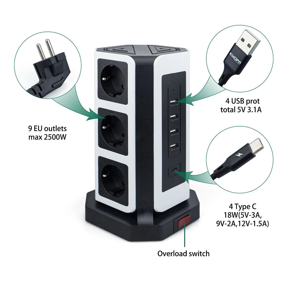 MELERY EU Vertical Space - Saving Tower Power Strip – 9 AC Sockets & 5 USB Ports