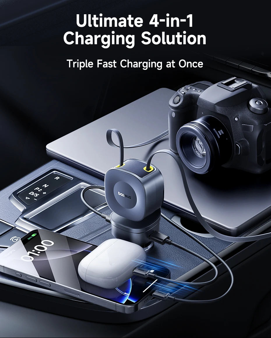 Baseus 240W Car Charger – 4-Port Fast Charging Adapter with Retractable USB-C Cable
