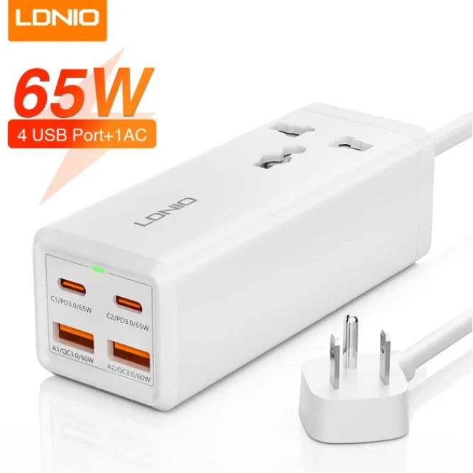 LDNIO SC1418 65W Power Strip – PD Fast Charging Station with 2M Extension Cable & 4 USB Ports
