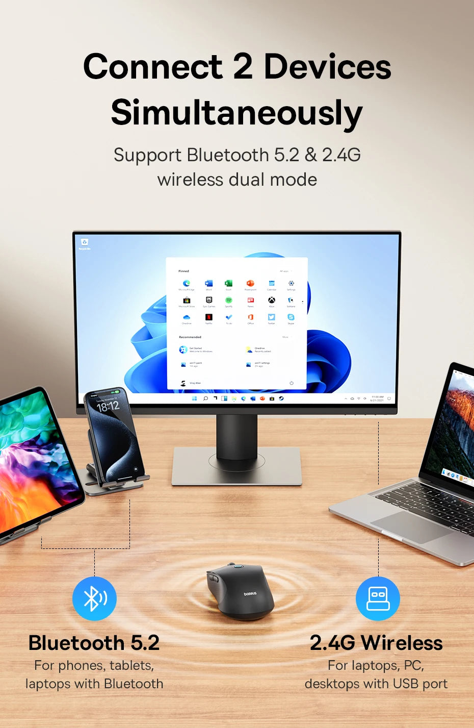 Baseus F02 Wireless Mouse – Ergonomic & Bluetooth