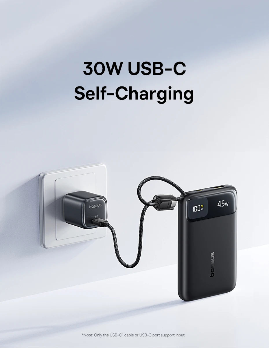 Baseus 45W Power Bank 10000mAh 20000mAh Built-In Dual USB-C Cable Fast Charging for iPhone 17 16 Pro Max Samsung S25 Xiaomi Poco