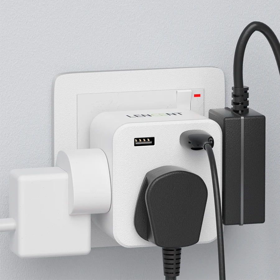LENCENT UK Plug Power Strip with 3 AC Outlets 2 USB Charging Ports 5V 2.4A Portable Multi Socket Power Adapter for Home Office