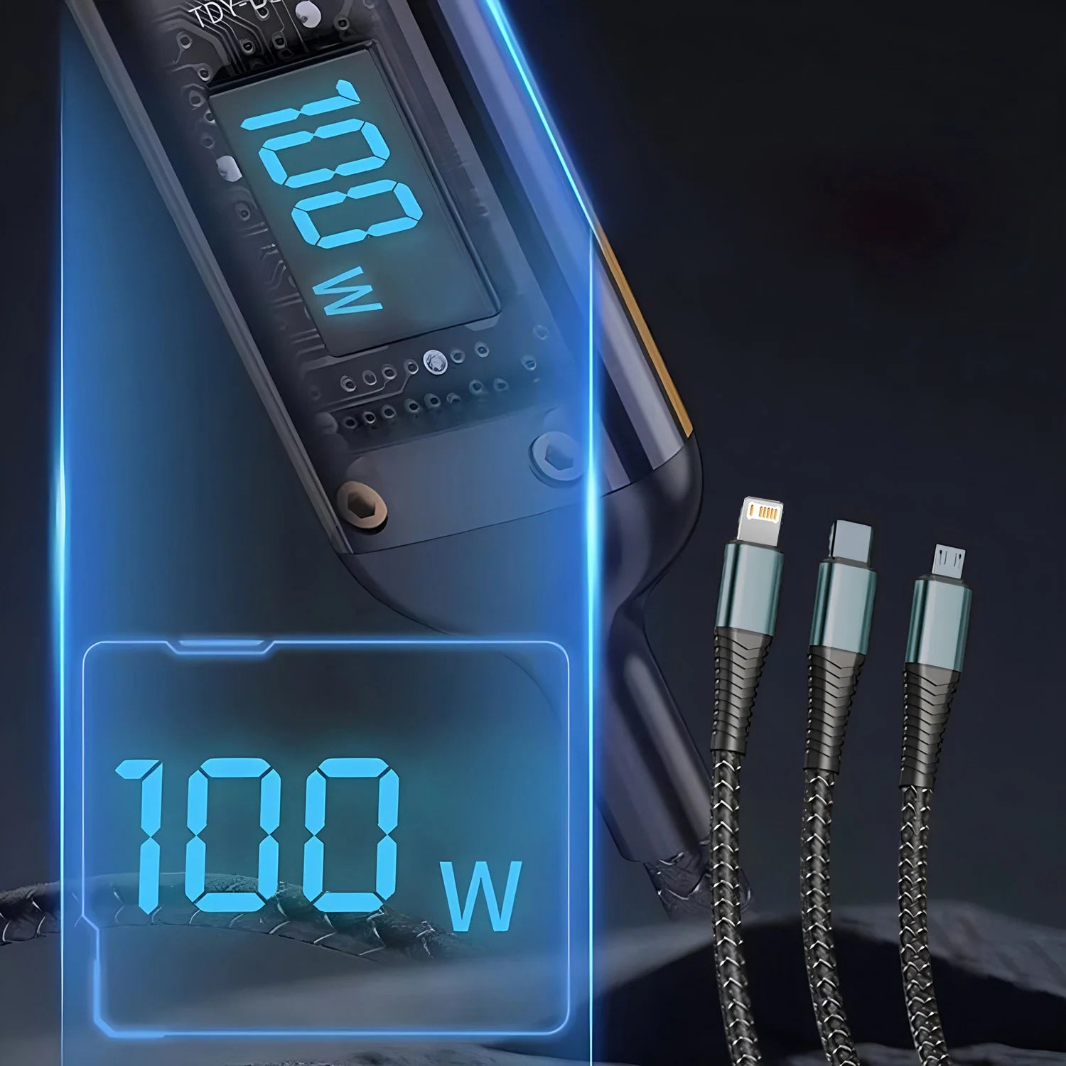 100W 3-in-1 Fast Charging Cable – USB, Type-C & Micro USB