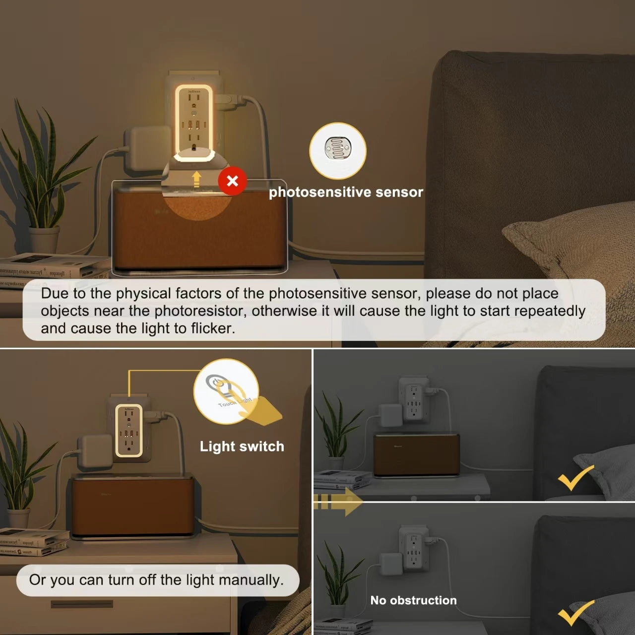 With Night Light US Plug AC Outlets Multitap Socket Electrical Power Strip with USB Type-C Ports Charging Network Filter Adapter