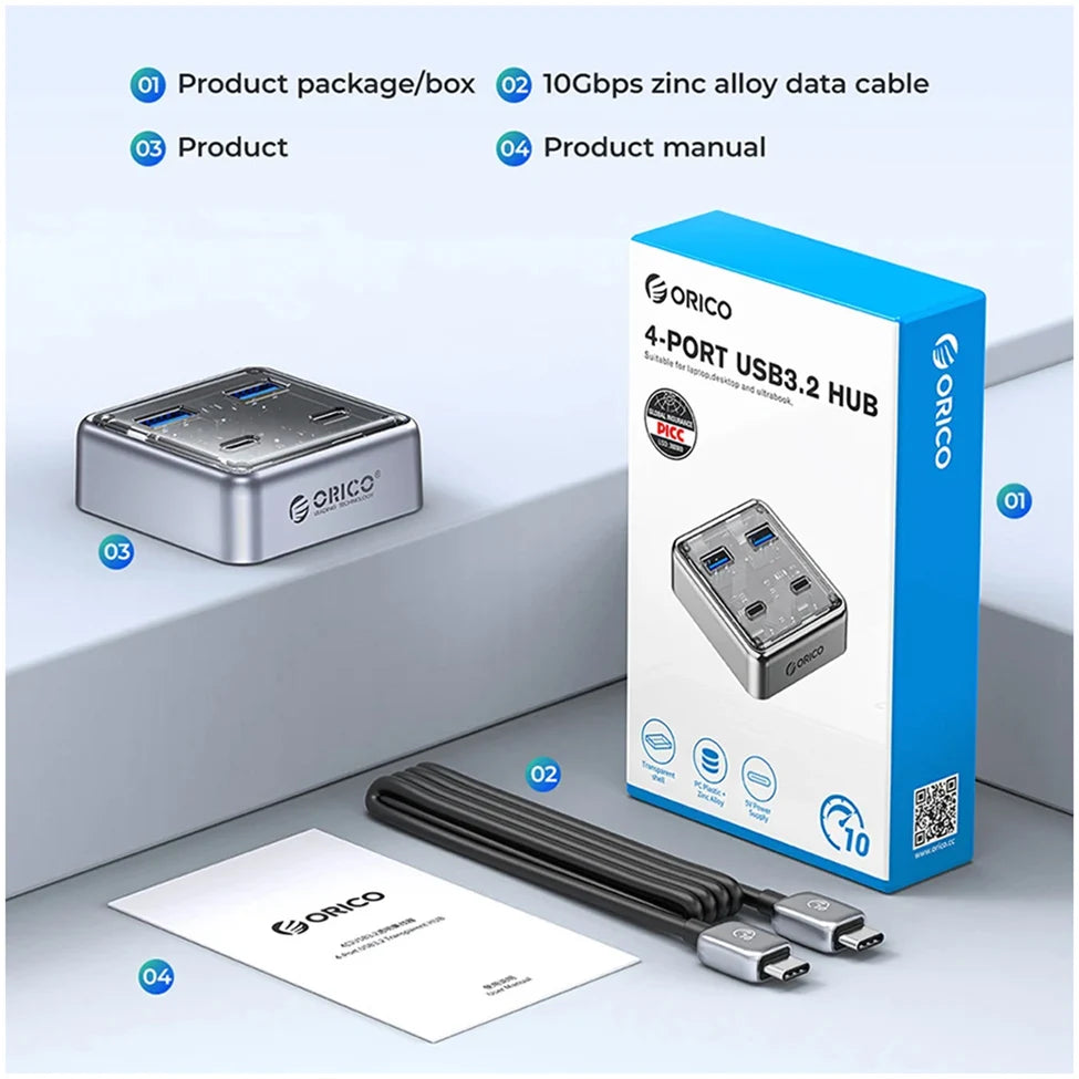 ORICO 10Gbps USB 3.2 Hub – 4-Port High-Speed Type-C Docking Station