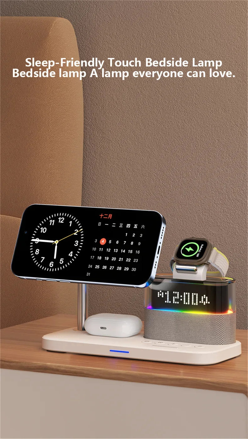 Magnetic 5-in-1 Wireless Charger – Night Light & Alarm Clock