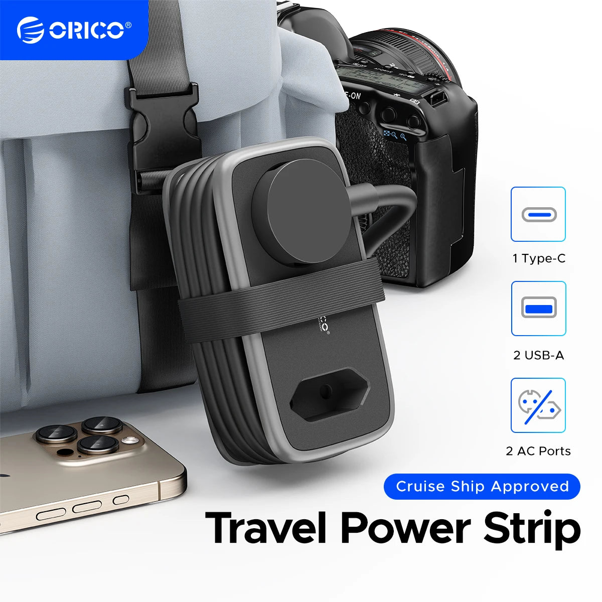 ORICO Power Strip with USB-C – 2 AC Outlets, 2 USB Ports & USB-C Fast Charging (EU Plug)