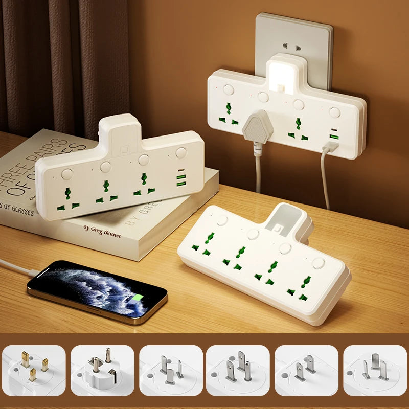 7-in-1 EU US UK AU Power Strip, Independent switch socket Power Strip 3 AC Outlets 2 USB 1 Type-C, Equipped USB charging adapter