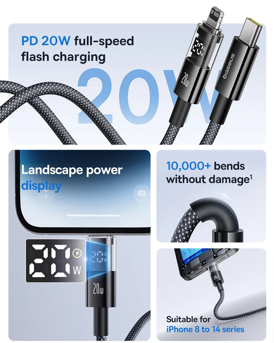 Baseus 20W USB-C Cable for iPhone & iPad – Fast Charge with LED Display